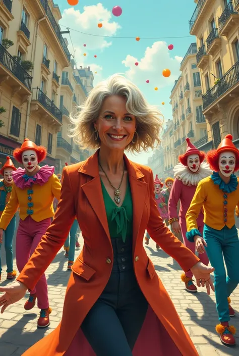 A 60-year-old blonde and grey-haired woman with green eyes in Paris dances amidst clowns 