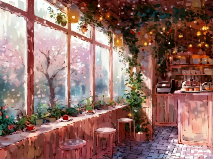 1:2, lots of details , 8k,  without people , cafe,Pink,Blurry , botanical poster , Lots of decorations,There are plants  , cute ,Simple ,winter window, low-colored ,dawn, early evening ,Blurry ,serene,Achromatic,Static ,calm,  includes many colors of white...