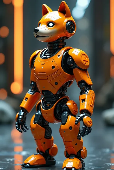 "A highly advanced and modern robot with its body fully covered in orange Shiba Inu coins. The robots head resembles a robotic Shiba Inu dog, with sleek metallic features and glowing eyes, blending a futuristic design with canine characteristics. The full-...