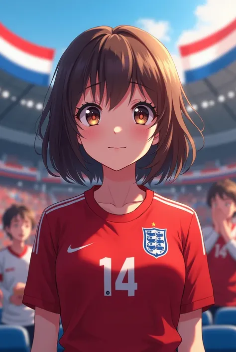 A girl,  of 23 years,  with brown hair and brown eyes ,  wearing the shirt of the Netherlands Olympic team,  anime version wears shirt 14 , She is in the stands .