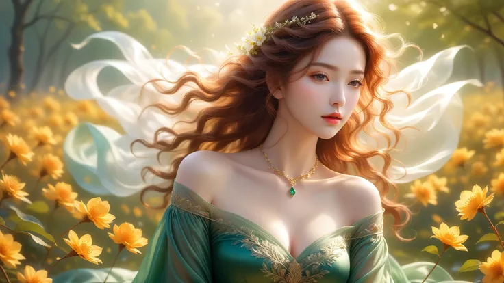 A Masterwork In 32K Resolution, Unmatched Quality, Ultra-Fine Details, Official Art, Supreme 32K Wallpaper, Gorgeous And Ethereal, Highly Detailed Features, Spellbinding Detail, Dutch Angle, Hyper-Realistic, Spring Landscape. One Girl, Solitary, Chestnut A...