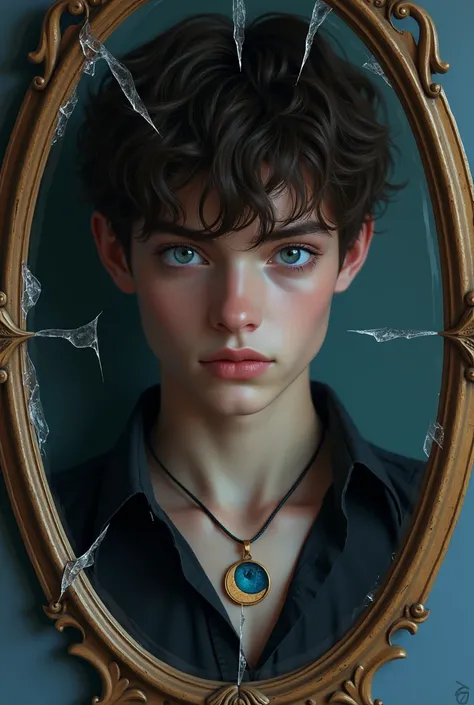 Design me a cover of broken mirrors ,  the context is a handsome boy with blue eyes brown hair ,  something tall and beautiful in front of a broken mirror ,  while seeing his dark reflection and also that a necklace with a moon-shaped pendant appears