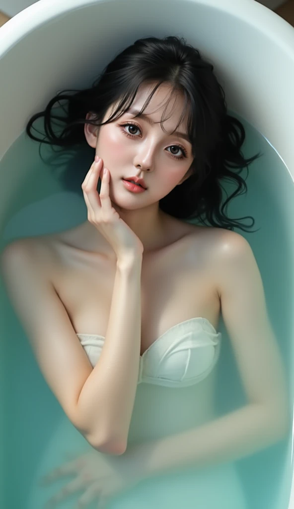 4k hd images . The face should be similar to the picture. Korean woman, naked. tiny body. beautiful girl, very white skin, thin face. loose black hair. beautiful Korean girl is sleeping in the bathtub. whole body, chest up. clear water color. hand holding ...