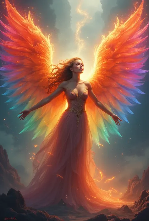 woman phoenix bird bright wings rainbow color