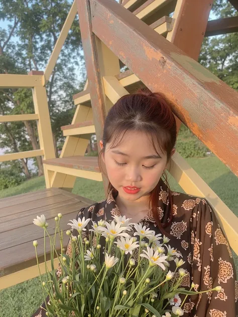 A girl is sitting poetically in a garden full of flowers