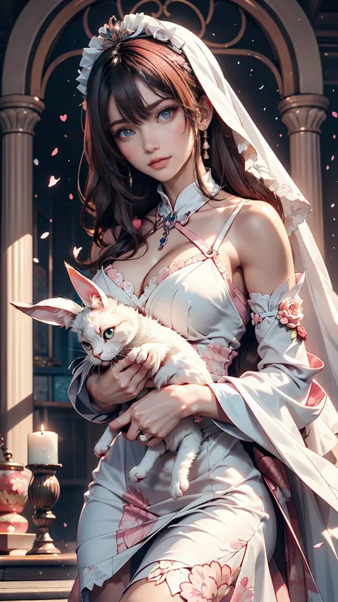 Long pink haired anime girl holding a white rabbit, Cute anime bride 、Wearing a beautiful dress,  Anime Art Wallpaper 8K, Anime Wallpaper, Anime Style 4k, Anime Art Wallpaper 4K, Anime Art Wallpaper 4K,  extra ,  Beautiful Anime Girl ,  Long Haired Anime G...