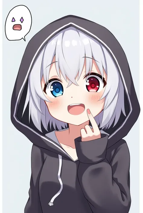  high definition ,  shortcuts,  Silver Hair, [Strange Eyes, simple background,   anime style,  blue eyes, red eyes, Wearing a hood,  4、 is teething and laughing ,whole body,front] 