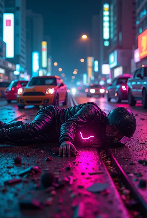 Recreate a traffic accident between a car and a motorcycle with a victim in neon colors
