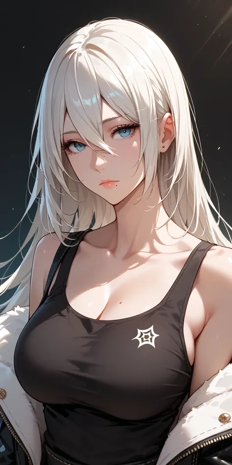 Score_9, Score_8_up, Score_7_up, Source_anime, anime art, anime style, very aesthetic, masterpiece, high quality, 1girl, mature woman, curvaceous, a2_(nier:automata), a2 from nier automata, mole, black tank top, 1girl,white_hair, long hair, hair between ey...