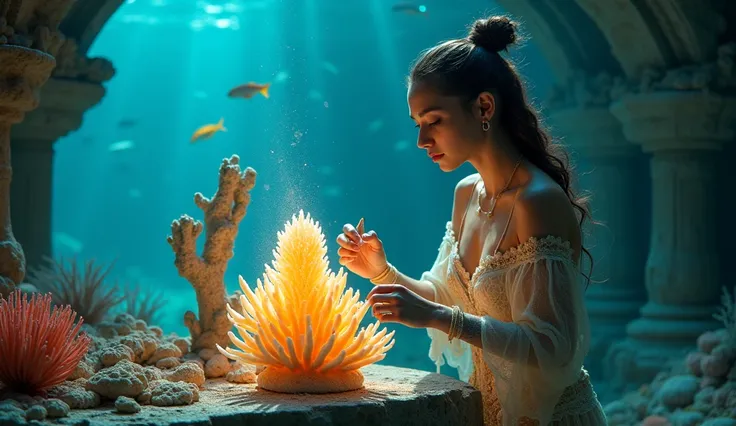 A woman chisels a glowing coral statue in an Atlantean workshop. Her two-piece outfit is made of pearlescent fabric, and her hands are delicately covered in glowing dust. Vibrant marine life swims in the background.