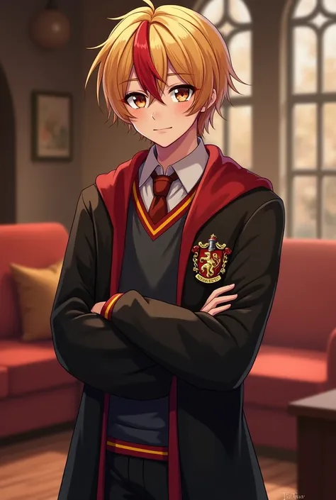 The character is male. I would like you to draw a character who attended Hogwarts School of Magic at Giffindor House, wearing a Giffindor house school dress, a braided hairstyle, a rock dress, golden hair and red highlights, the length is about the neck, s...