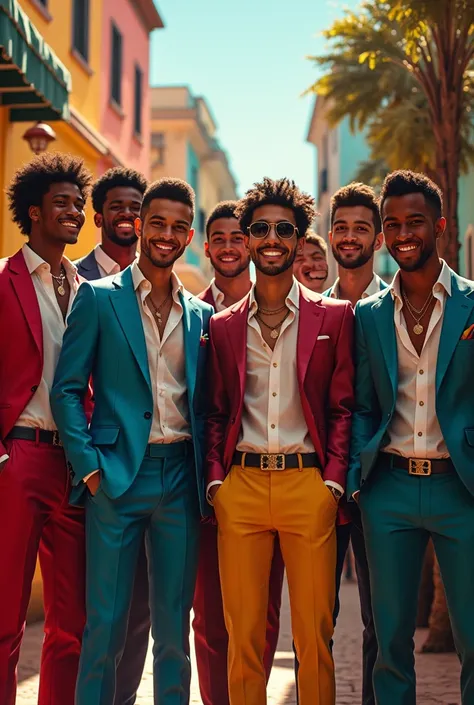 Create image of a group of friends of 8 of a teenager elegant style without women dominican culture