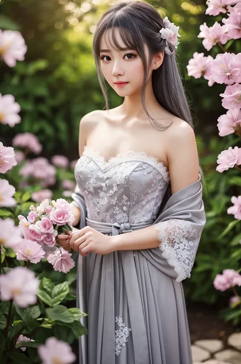 (: 1.5), lace, ribbon, Hanfu, (masterpiece, side light, delicate and beautiful gray eyes: 1.2), masterpiece, realistic, glowing eyes, shiny hair, dark hair, long hair, shiny skin, solo, awkward, strapless, delicate, beautiful, garden, flowers, fluttering p...