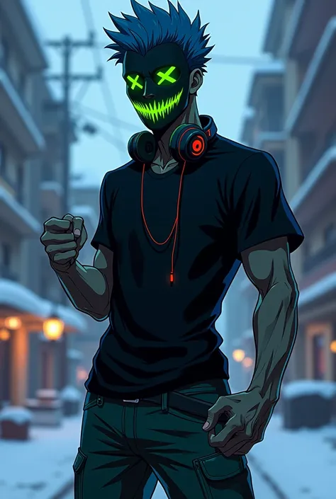 Make a anime styled character withA sinister mask with a dark, matte black surface, featuring glowing neon green X-shaped eyes and a stitched mouth design. The stitches on the mouth appear like jagged, uneven lines with glowing green threads, matching the ...