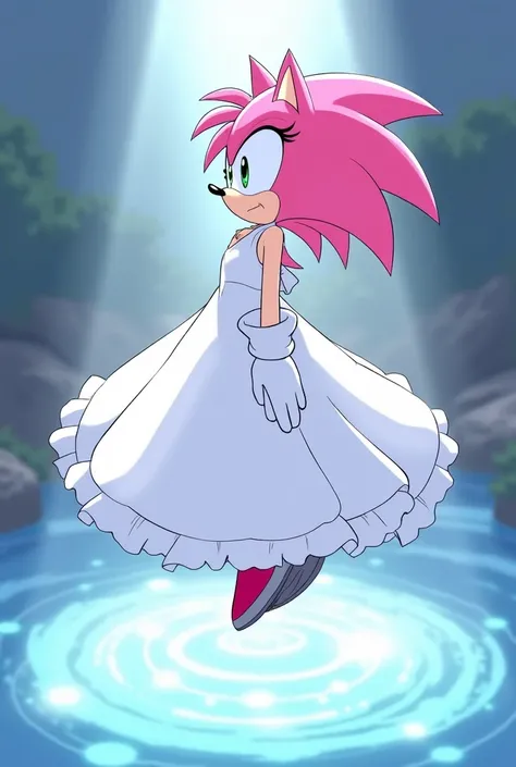 An illustration with clean, sharp lines of Amy Rose (sonic)wearing a white sleeveless ball gown,10 meters above a lake hovering lifted to the sky in a pool of light,with her body tilted back and her arms hanging down ,head tilted back and chest pointed upw...