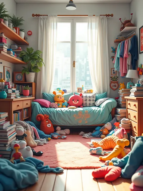 A room with white walls and a spacious interior. There are scattered clothes, books and toys on the floor.