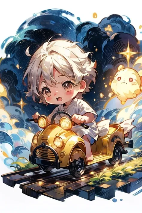 Chibi character，cute，Baby kitsune，A train that transcends time and space，Please draw an illustration with the image of a train popping out of a bubble of time and space