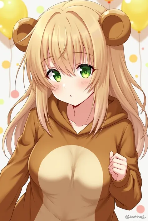 1 woman, pretty face , tortilla hair with long bangs covering half of her face, bear outfit, chest conspicuous ,  balloon background . (HD picture ,  high-resolution , best quality,  Masterpiece,  Detailed Image , HD orientation, High pixels,  Anime Style)...