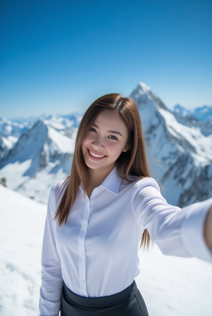 Picture from iPhone 16 pro max screen, in screen have a cute Thai woman wearing students white shirt and black a skirt, selfie by herself on highest point of เอฟเวอเรสต์