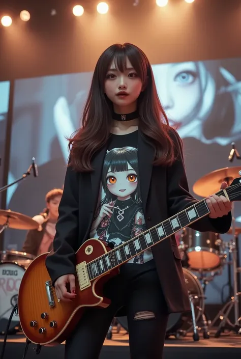 She is wearing a Tee with a large print of her favorite cute black devil girl, ultra-realistic, photorealistic, dramatic scene, shadow, global-illumination, solo, (20 years old Japanese famous idol girl but punk rock guitarist:1.5), very beautiful but cool...