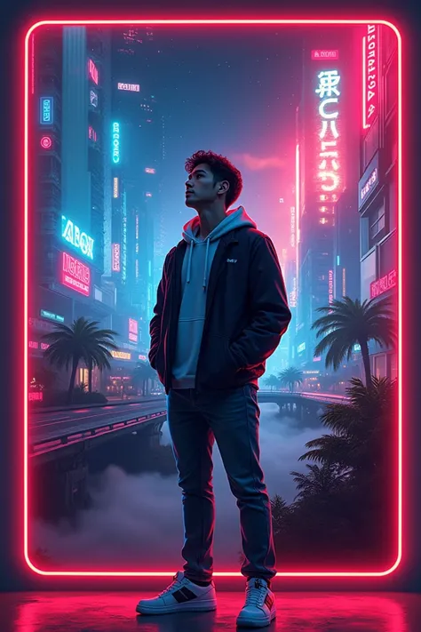 A banner of 1 , 9 meters high x 1 meter wide .
The image must be of a gamer , technological, It must contain images of retro and modern games ,  also contain an Xbox and a PlayStation 5 so that a fluoride cloud passes in parts,  red outline of neon light 