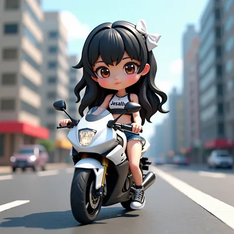 A 3D render of a chibi-style young girl with wavy silky black hair, brown eyes, and a trendy black and white outfit with the big name "JESALLY". She wears a small white bow on her hair. The girl is wearing a stylish crop blouse with the same text, ripped s...