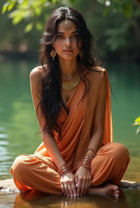 "Ultra HD, very clear, realistic, 4K quality image of a beautiful woman with expressive eyes, traditional  (maang tikka, earrings, necklace), wet hair, and traditional attire, seated by a water full sexy body in a serene natural background."