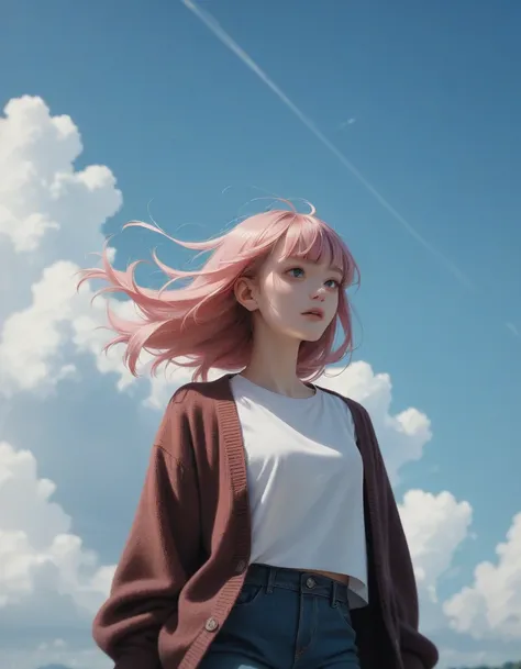 A Japanese woman. Pink hair with bangs. Cardigan and t-shirt. Blue sky.  in the wind.