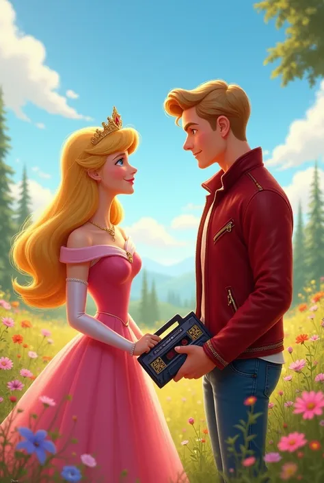 A realistic image in which Aurora, dressed in her iconic pink gown with her golden hair flowing gracefully, stands in a sunlit meadow filled with blooming wildflowers. Facing her is Star-Lord, wearing his signature red leather jacket and holding his casset...