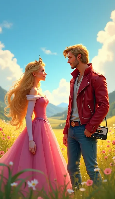 A realistic image in which Aurora, dressed in her iconic pink gown with her golden hair flowing gracefully, stands in a sunlit meadow filled with blooming wildflowers. Facing her is Star-Lord, wearing his signature red leather jacket and holding his casset...