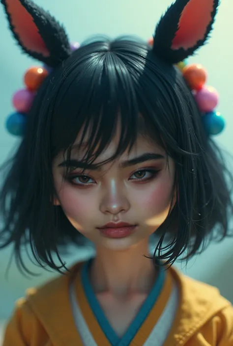 black hair, hair bobbles, wince, longeyelashes, solid circle eyes, fake animal ears, light smile, ear blush, fang, Surrealism, drop shadow, anaglyph, stereogram, tachi-e, pov, atmospheric perspective, 8k, super detail, ccurate, best quality,nsfw