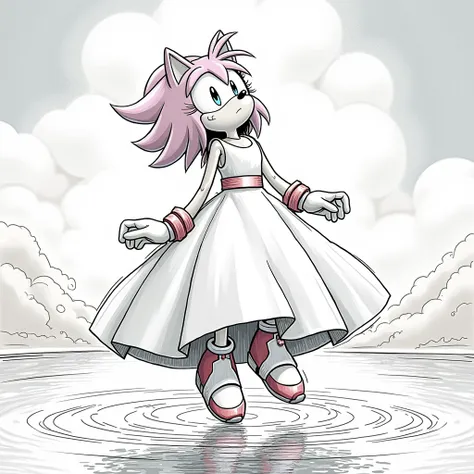 An illustration with clean, sharp lines of Amy Rose (sonic)wearing a white sleeveless ball gown,10 meters above a lake hovering lifted to the sky in a pool of light,with her body tilted back and her arms hanging down ,head tilted back and chest pointed upw...