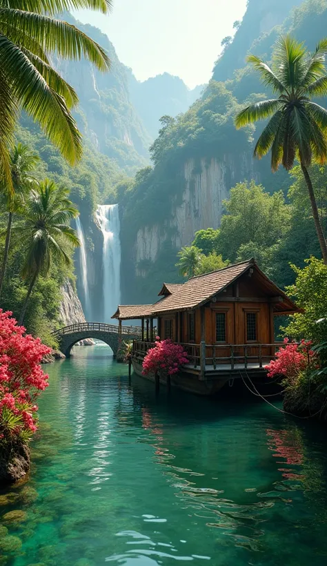 A wooden house on the boat, around the house is a bright red garden with many vines, behind the house are coconut trees, palm trees, waterfalls flowing down from the mountains to form a green river, Sunlight shines on the river, making the water sparkle si...