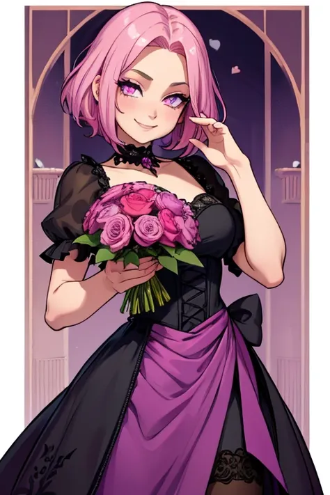 Perfect face. Perfect hands. A petite pink haired woman with violet eyes with short hair in a Gothic gown is smiling while holding a bouquet of dahlia flowers in a Gothic ballroom