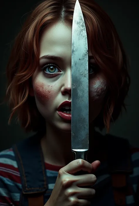 A poster of Chucky where there is a girl and in the middle of her face a knife that grabs Chucky where you can see her reflection