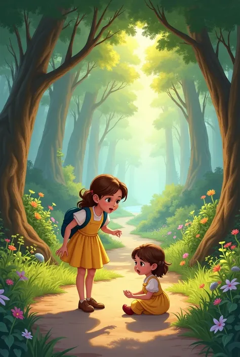  I need a Disney style drawing of two little sisters walking in the woods. one of them is six years old and the other two years old . The least girl falls to the floor and starts to cry