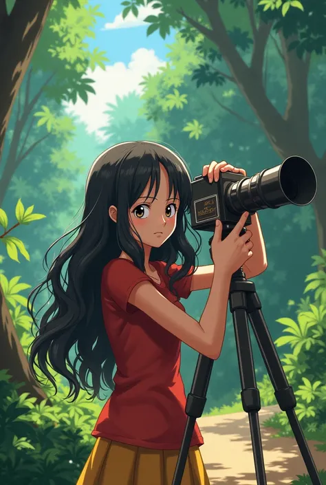  generates an image where a girl with wavy hair is taking pictures of Luffy in a forest with a cannon camera(Watch out for Luffy he must be posing ) graphics should be similar to anime 
