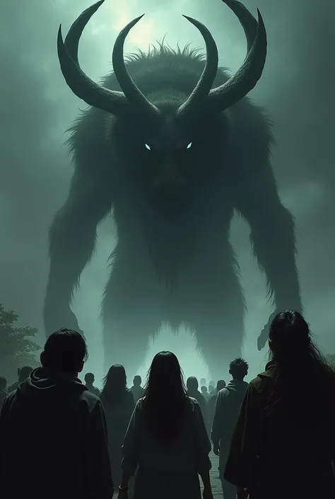 Description:  A group of people with expressions of deep fear,  looking up, where the Beast  (The beast with 7 horns that you generated first)  casts its dark shadow on them ,  creating a sense of impending disaster .