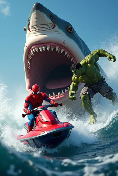 A thrilling and action-packed ocean scene showcasing Spider-Man in his signature red-and-blue suit gripping a futuristic vivid red oars jet ski with both hands , gliding swiftly over the choppy waves. His pose reflects focus and agility as he navigates the...