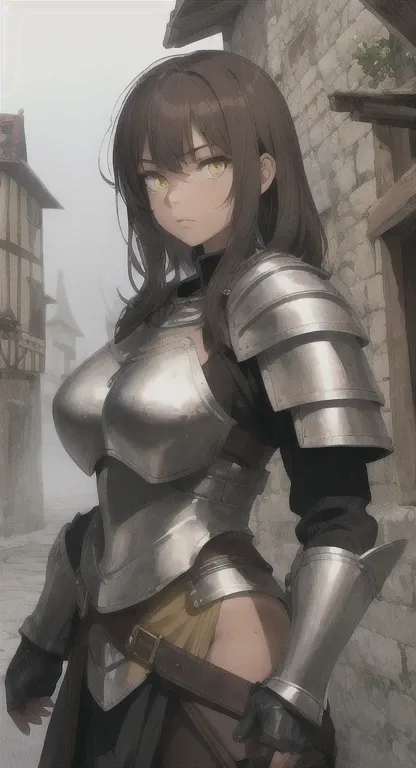 Veralynda, brown hair, yellow eyes, tan skin, leather armor, foggy medieval town,