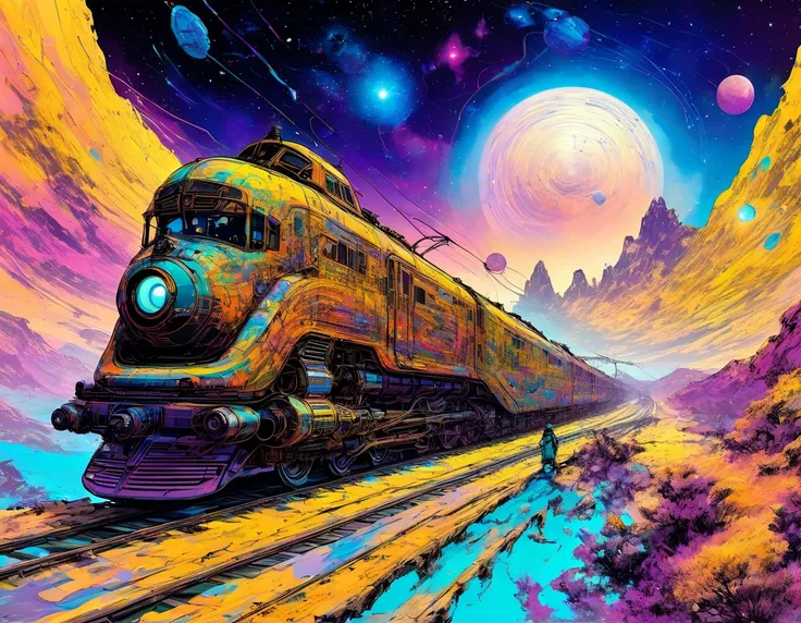 A future train emerges from a nebula. Jean-Claude Mézières art, Time-Traveling Train, "The Mystery of the Abyss",  "Lone Sloane", Spatio-Temporal Agent, Valerian and Laureline in the World of hallucinations. highly detailed, intricate mechanisms, A future ...