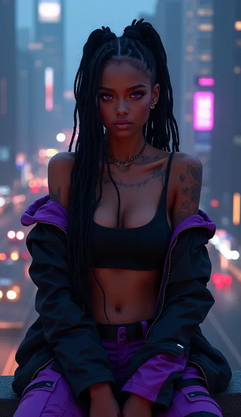 Best quality, 16K, 1girl, black sports bra with black and purple neotec jacket, purple and black neotec cargo pants, dark brown skin, ultra detailed anatomically correct purple eyes, medium breasts, heavily tattooed stomach, toned body, slightly muscular, ...