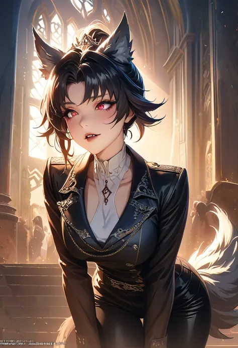 beautiful anime woman wearing a black military trench coat, tight black jeans pants, wolf ears, wolf tail, half wolf and half human, red eye color, black hair in a ponytail, light novel art, detailed anime art, 4k, anime, regal, royal, sexy, thicc, detaile...