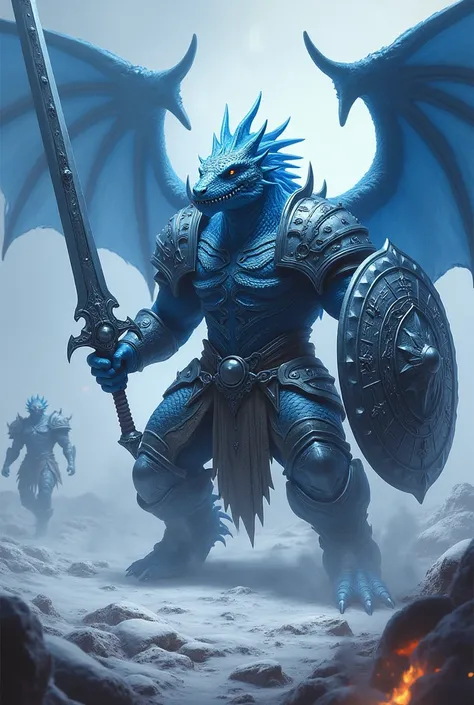 A blue-scaled Draconate who is a champion of the ice dragon goddess who wears heavy armor and wears a long sword in one hand and a shield in the other and has an aura of an evil conqueror fighting against living armor