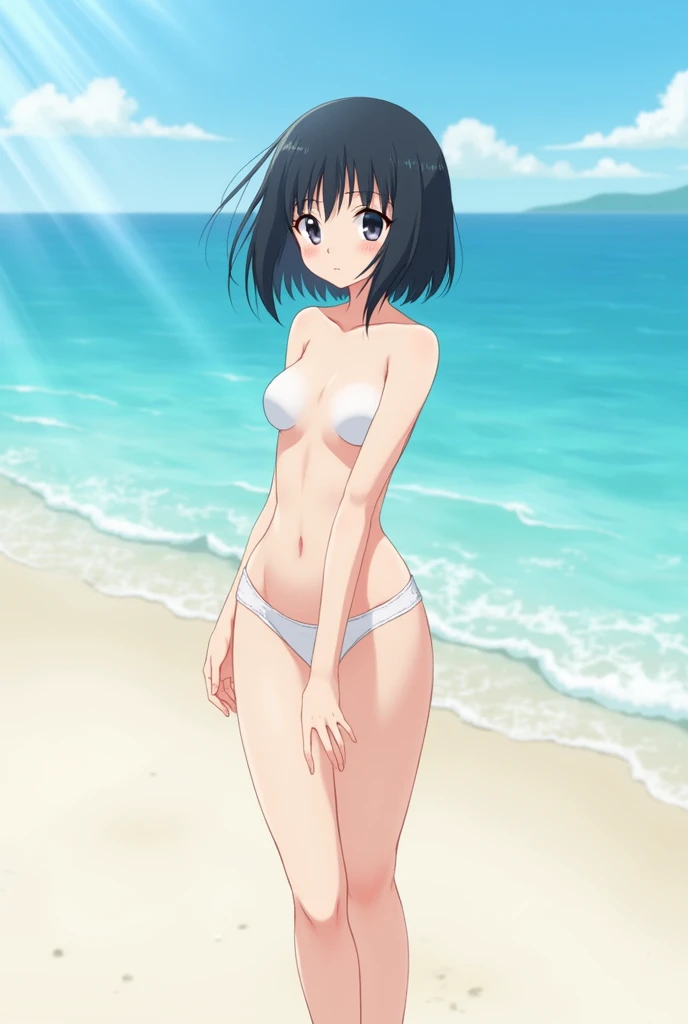 Beautiful anime girl with black hair bob on the beach in tight panties with a beautiful figure