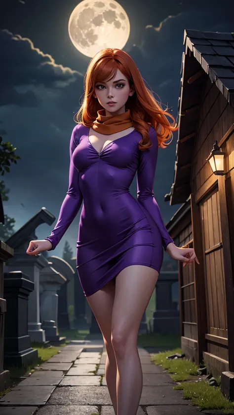 daphne blake with scooby doo, beautiful and delicate sexy woman, joven, ginger hair, ojos color violeta, minivestido color púrpu...