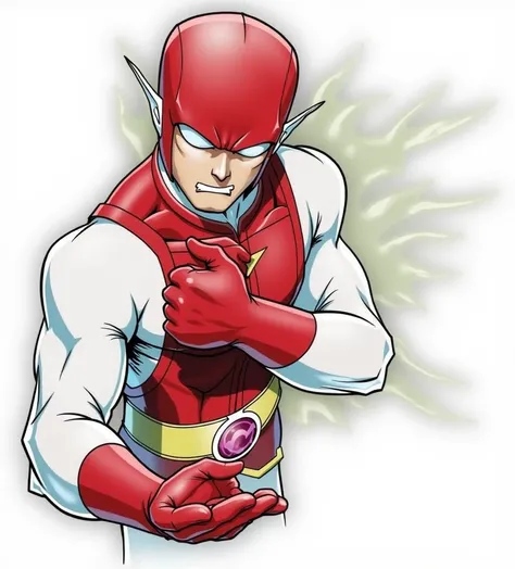 a close up of a superhero character with a red helmet and red gloves
