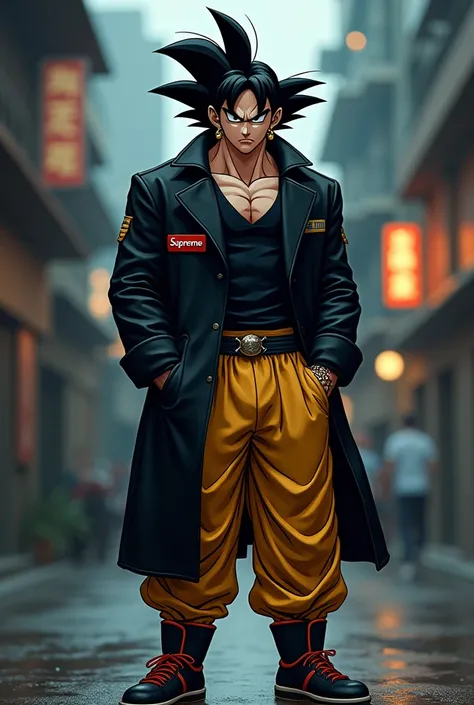 Goku drill ganster style with a black supreme coat and yoghurt pants and earrings in his ear