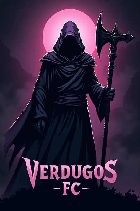 Generate a soccer logo that says Verdugos FC and an executioner in the black and purple background