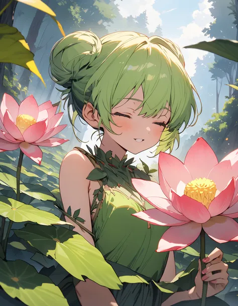 (非常にdetailedな 、 8k wallpaper,masterpiece, highest quality, 非常にdetailedな),A green hair fairy with hairbun and closed eyes holding a lotus, dressed in green with leaves, in the style of anime-like characters, flowerpunk, herb trimpe, forest,highest quality、m...